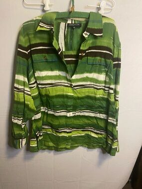 Jones New York Green Striped Button-Up Blouse